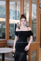 Đầm ôm body trễ vai 2 dây - Đen
