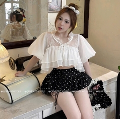 Set áo tơ ren chân váy chấm bi - 1058