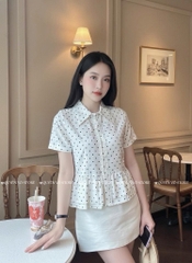 Áo sơ mi babydoll chấm bi trắng - cổ nhọn 1462
