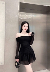 Đầm thun lưới body tay loe - Đen