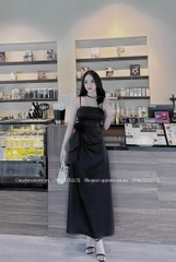 Đầm lụa 2 dây ngực xếp li đính hoa cổ