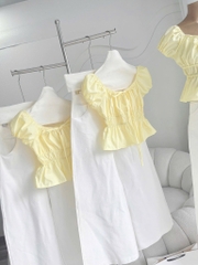 Set áo nhún tay phồng quần suông trắng