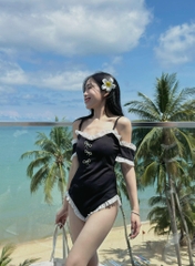 Jum bikini đen 2 dây viền trắng - Freesize dưới 55kg