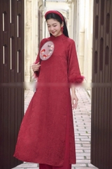 Set áo dài đỏ tay đính lông vũ