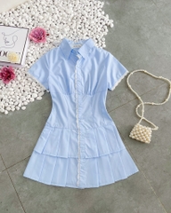 Đầm sơ mi xanh xếp li