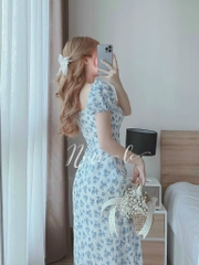 Đầm maxi hoa xanh midi nhíu ngực
