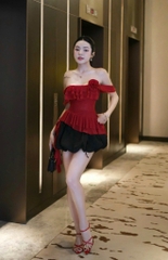 Set áo đỏ 2 dây tua rua chân váy đen
