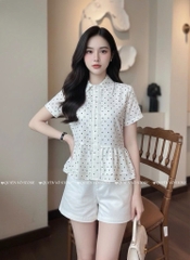 Áo sơ mi babydoll chấm bi trắng - cổ nhọn 1462