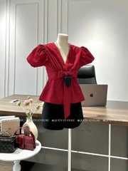 Set đỏ cổ V nơ ngực x short đen