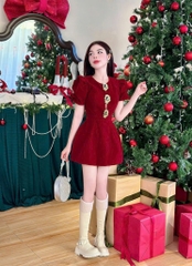 Đầm nhung đỏ tay phồng nhún khoét eo kèm tag