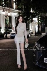 Đầm ôm body ren cổ cao - Trắng
