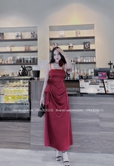 Đầm lụa 2 dây ngực xếp li đính hoa cổ