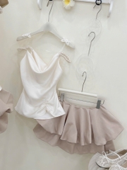 Set áo 2 dây chân váy bí nude tiểu thư
