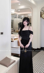 Đầm lụa 2 dây trễ vai - Đen