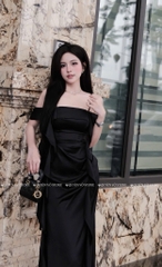 Đầm lụa 2 dây trễ vai - Đen