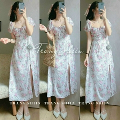 Đầm hoa maxi nhíu ngực xẻ đùi