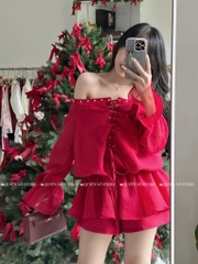Set áo đỏ trễ vai quần short