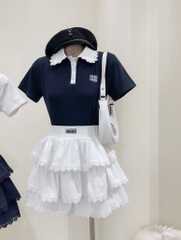Set áo cổ polo chân váy tầng xòe - Đen