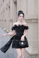 Đầm trễ vai hoa lụa chéo - Đen