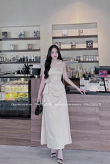 Đầm lụa 2 dây ngực xếp li đính hoa cổ