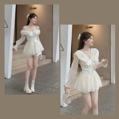 Set áo voan nude 2 dây trễ vai tay loe
