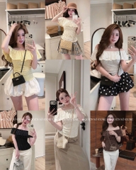 Áo thun trễ vai nhún eo