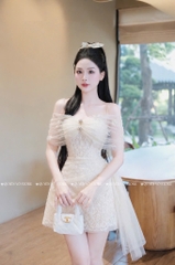 Đầm ren trễ vai phối voan