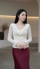 Áo ren ôm body cổ V bèo - Kem 1511