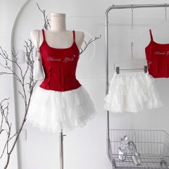 Set áo 2 dây đỏ thêu chân váy phối ren 4 tầng