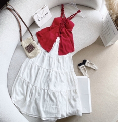 Set áo đỏ dây chéo chân váy midi trắng