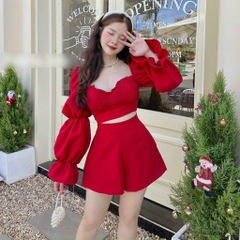 Set crop đỏ xếp li ngực