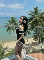 Jum bikini đen 2 dây viền trắng - Freesize dưới 55kg