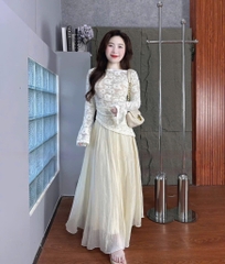 Set áo ren tay dài tà chéo chân váy tơ