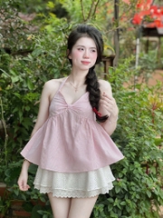 Set áo peplum sọc hồng cổ yếm chân váy xòe