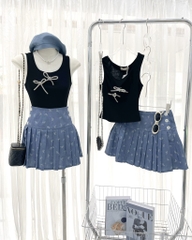 Set áo thun đen nơ chân váy denim  - S eo 64