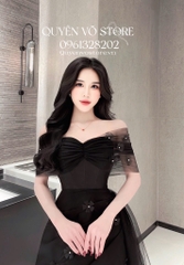 Đầm trễ vai lưới đính hoa - Đen