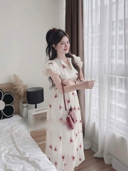 Đầm tơ nhăn in hoa đỏ