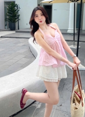 Set áo peplum sọc hồng cổ yếm chân váy xòe