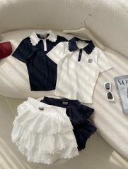 Set áo cổ polo chân váy tầng xòe - Đen