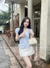 Áo sơ mi babydoll viền ren sọc - Xanh 1445