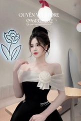 Đầm tafta trễ vai hoa hồng - Đen