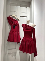 Đầm nhún lệch vai cột nơ - Đỏ