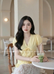 Áo sơ mi babydoll nút bọc viền ren trơn - Vàng 1445