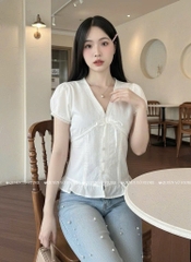 Áo sơ mi babydoll nút bọc viền ren trơn - Trắng 1445