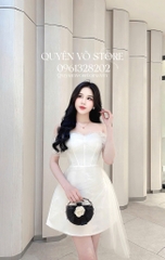 Đầm trễ vai lưới đính hoa - Trắng