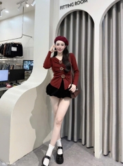 Set áo tay dài hoa nổi chân váy nhung