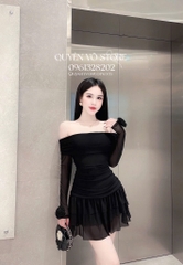 Đầm thun lưới body tay loe - Đen