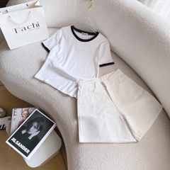 Set pull trắng viền đen x short kaki