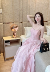 Đầm xòe hồng 2 dây phối bèo