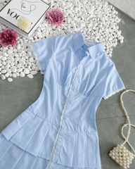 Đầm sơ mi xanh xếp li